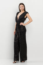 Load image into Gallery viewer, London Chic Emerald Green Deep V Power Shoulder Sequined Jumpsuit