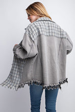 Load image into Gallery viewer, Tweed Mixed Charcoal Denim Jacket with Fringed Hem