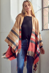 Plaid Khaki Pattern Shawl Poncho