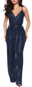 Navy Blue Sequin Glitter Sleeveless Jumpsuit