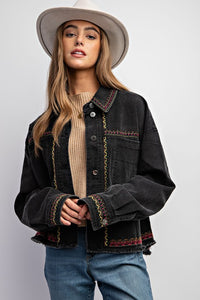 Embroidered Black Wash Cotton Jacket