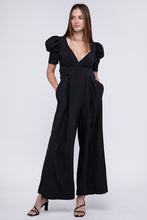 Load image into Gallery viewer, Black Elegant V Neck Puff Sleeve Jumpsuit