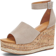 Load image into Gallery viewer, Summer Beige Ankle Strap Cork Sole Wedge Sandals