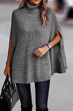 Soft Grey Knit Pullover Poncho Style Sweater