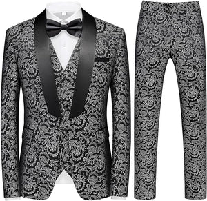 Men's Black Tuxedo Shawl Collar Paisely 3pc Formal Suit