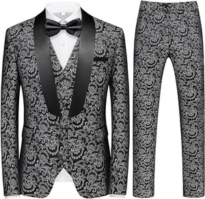 Men's Black/Red Tuxedo Shawl Collar Paisely 3pc Formal Suit