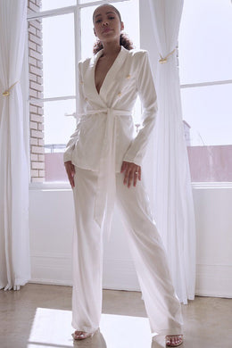 Rodeo Drive White Silk Blazer & Pants Suit Set