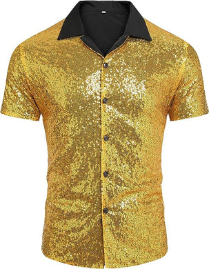 Men's Gold Sequin Polo Style Short Sleeve Shirt
