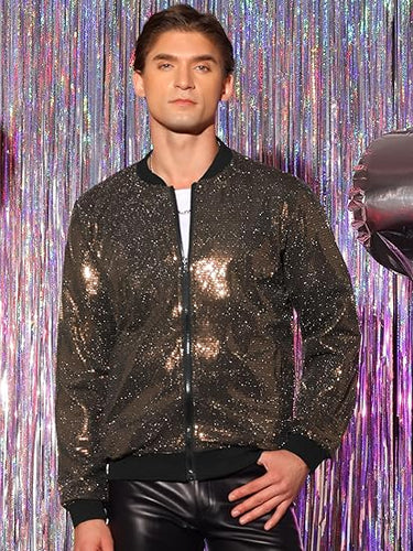 Men's Glitter Zip Up Gold Bomber Jacket