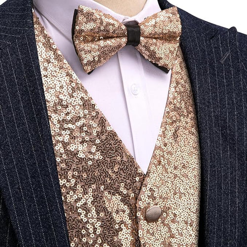 Men's Sequin Gold Formal Sleeveless Suit Vest w/Bowtie