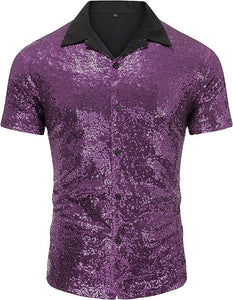 Men's Silver Sequin Polo Style Short Sleeve Shirt