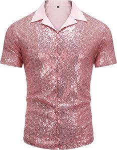 Men's Silver Sequin Polo Style Short Sleeve Shirt