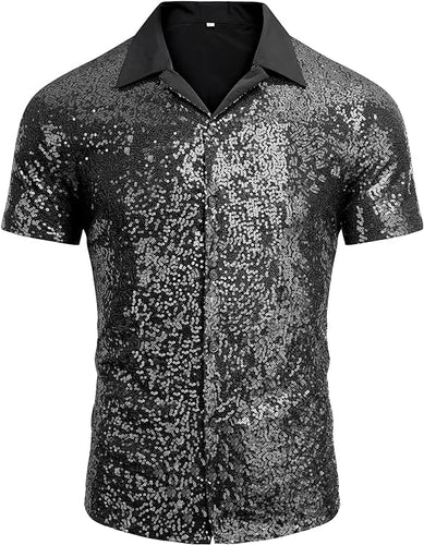 Men's Black Sequin Polo Style Short Sleeve Shirt