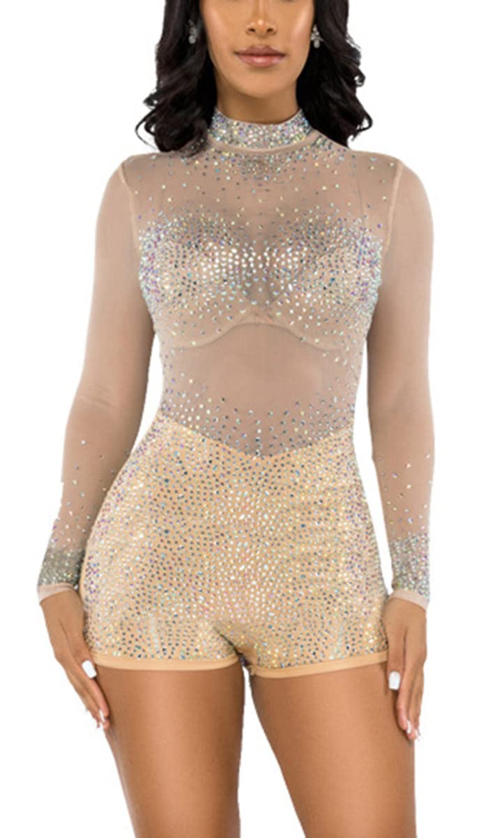 Mesh Beige Embellished Sequin Glitter Long Sleeve Jumpsuit