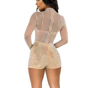 Mesh Beige Embellished Sequin Glitter Long Sleeve Jumpsuit