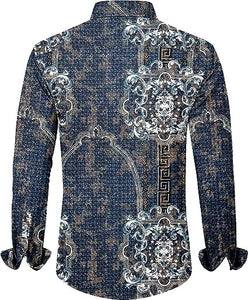 Men's Fashion Luxury Printed Paisley Blue Long Sleeve Shirt