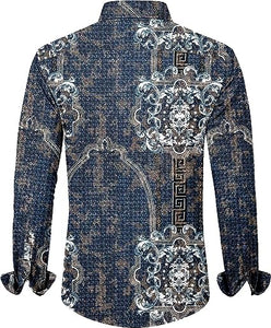 Men's Fashion Luxury Printed Blue Floral Long Sleeve Shirt