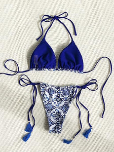 Paisley Printed Triangle Bikini Blue Swimsuit