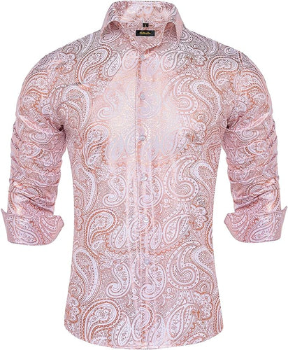 Men's Luxury Pink Silk Printed Paisley Long Sleeve Shirt