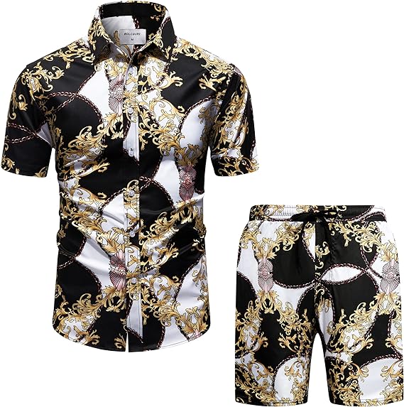 Men's Luxury Printed Black & White Baroque Short Sleeve Shirt & Shorts Set