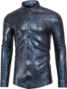 Men's Blue Metallic Long Sleeve Button Down Shirt