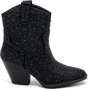 Rhinestone Studded Sequin Black Rhinestone Ankle Boots