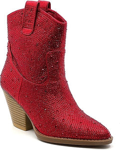 Rhinestone Studded Sequin Red Rhinestone Ankle Boots