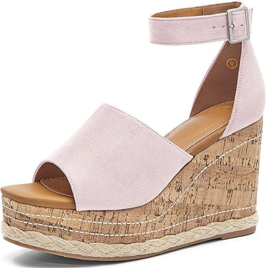 Summer Pink Ankle Strap Cork Sole Wedge Sandals