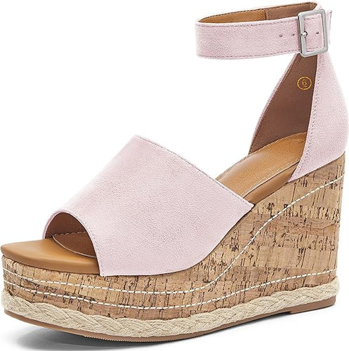 Summer Pink Ankle Strap Cork Sole Wedge Sandals