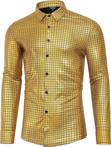 Men's Gold Metallic Long Sleeve Button Down Shirt