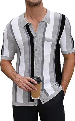 Men's Striped Golf Polo Short Grey/White Sleeve Shirt