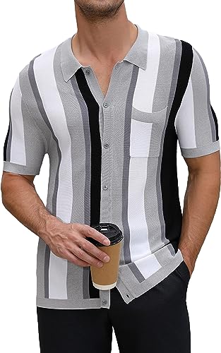 Men's Striped Golf Polo Short Grey/White Sleeve Shirt