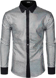 Men's Black Striped Multi Color Metallic Long Sleeve Shiny Disco Shirt