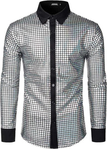 Men's Disco Silver Gray Sequins Long Sleeve Button Down Shirt
