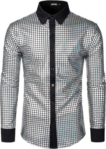 Men's Disco Silver Sequins Long Sleeve Button Down Shirt