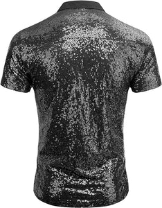 Men's Silver Sequin Polo Style Short Sleeve Shirt