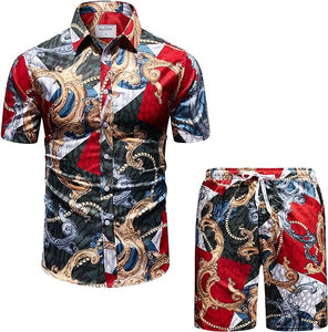 Men's Luxury Printed Black & White Baroque Short Sleeve Shirt & Shorts Set