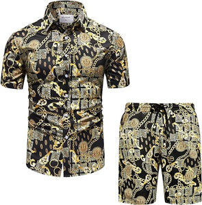 Men's Luxury Printed Black & White Baroque Short Sleeve Shirt & Shorts Set