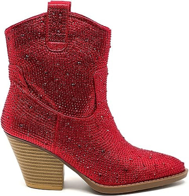 Rhinestone Studded Sequin Red Rhinestone Ankle Boots