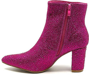 Rhinestone Studded Sequin Fuchsia Rhinestone Ankle Boots