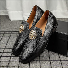 Load image into Gallery viewer, Men&#39;s Leather Black Chevron Gold Emblem Loafer Dress Shoes