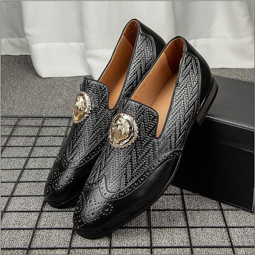 Men's Leather Black Chevron Gold Emblem Loafer Dress Shoes