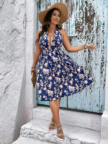 Plus Size Blue Floral Halter Midi Dress