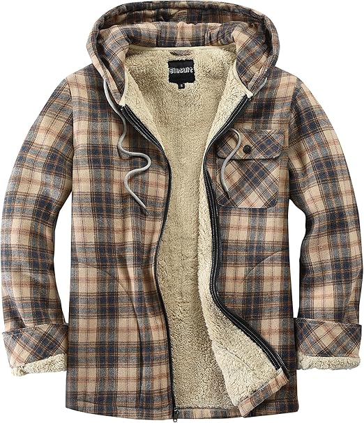 Men's Hooded Plaid Beige Flannel Jacket