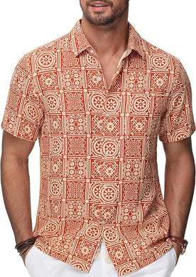 Men's Printed Button Up Short Sleeve Summer Red Shirt