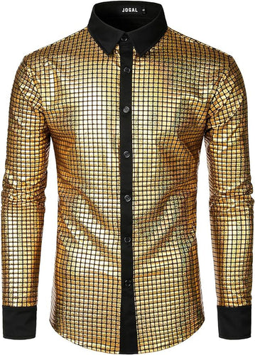 Men's Disco Gold Sequins Long Sleeve Button Down Shirt