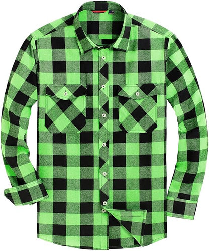 Men's Plaid Flannel Lime Green/Black Long Sleeve Button Down Casual Shirt