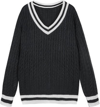 Load image into Gallery viewer, Beige V-Neck Striped Long Sleeve Cable Knit Sweater