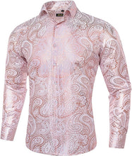 Load image into Gallery viewer, Men&#39;s Luxury Pink Silk Printed Paisley Long Sleeve Shirt