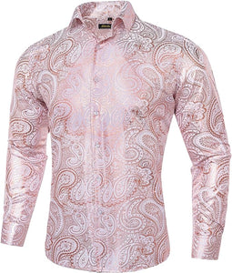 Men's Luxury Pink Silk Printed Paisley Long Sleeve Shirt